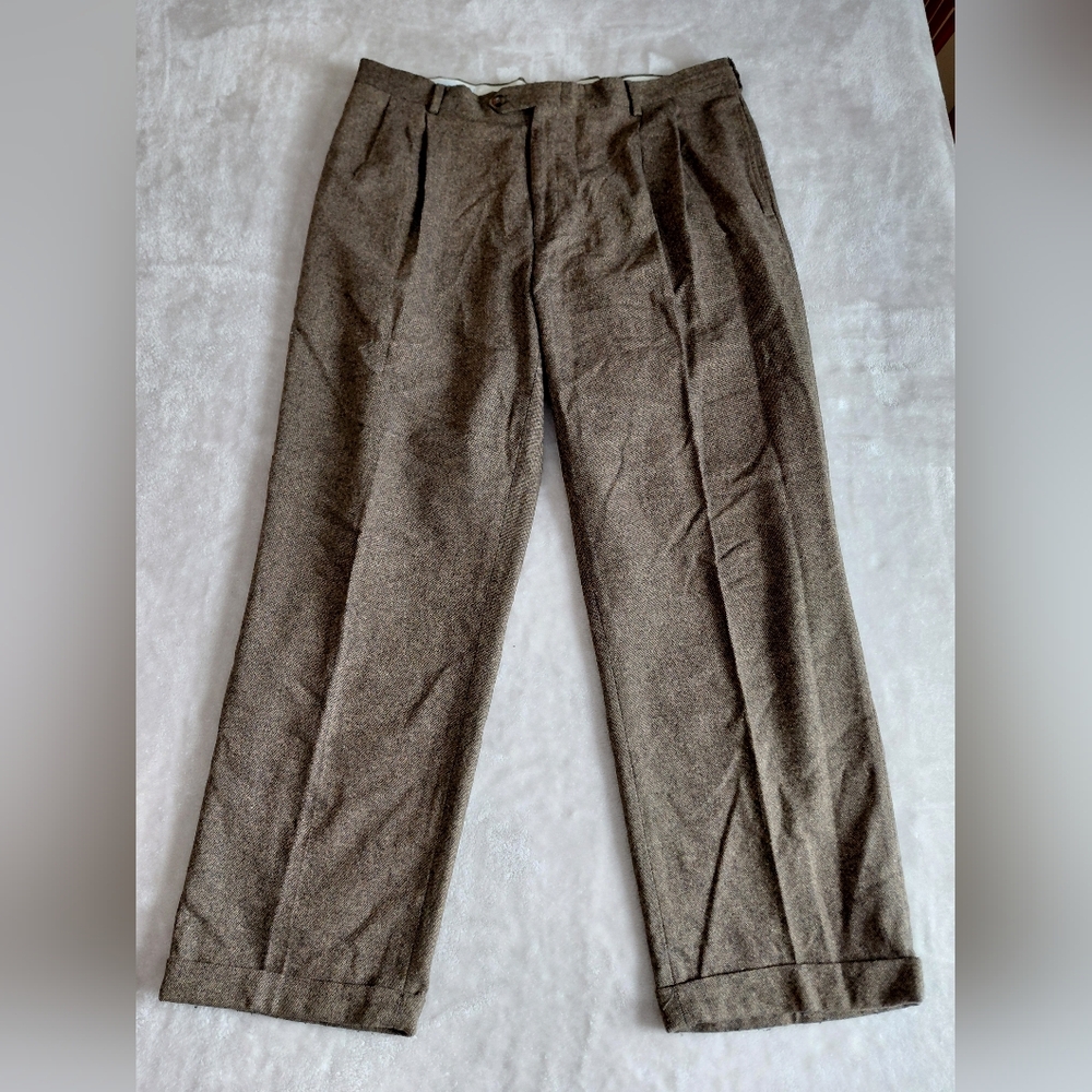 Wool Cashmere Dress Pants Mens 40x29 Brow Trousers Pleated Cuffed